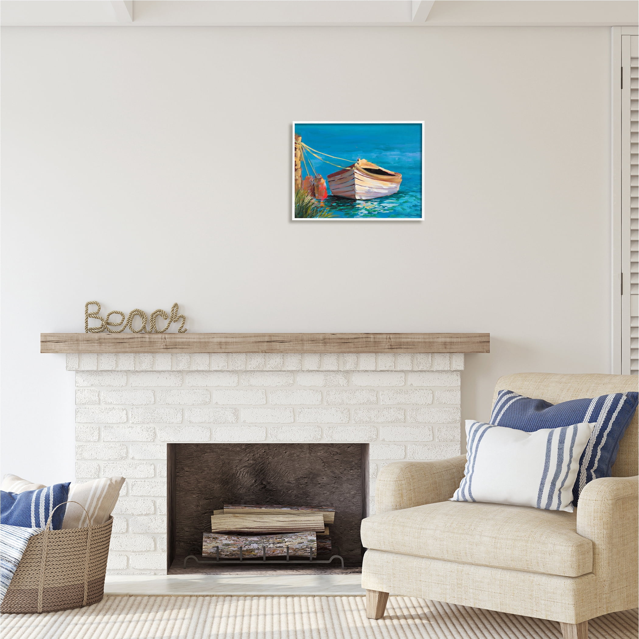 Stupell Industries Docked Boat in Lake Transportation Painting White Framed Art Print Wall Art, 20 x 16