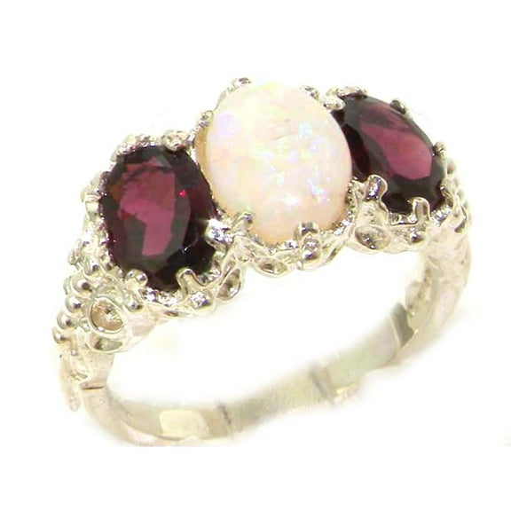 LBG 925 Sterling Silver Real Genuine Opal and Garnet Womens Band Ring - Size 10