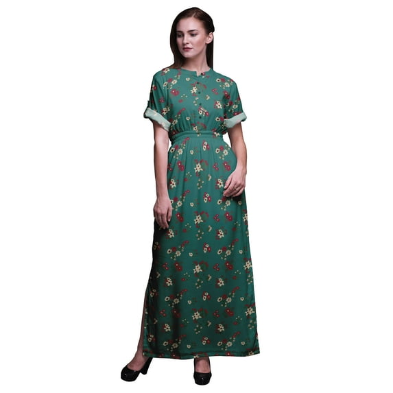 Bimba Rayon Leaves & Flower Floral Smocked Waist Printed Gown Maxi Side Slit Ladies Dress-Small