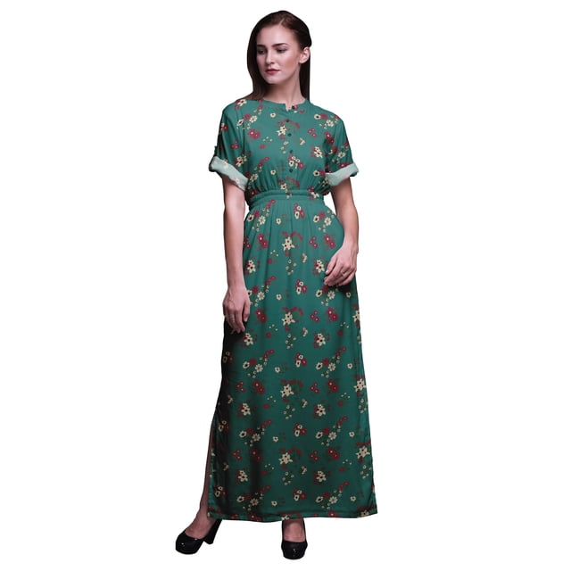 Bimba Robe d'Été Longue Maxi en Rayonne à Feuilles et Fleurs pour Femmes, Imprimée, Fente Latérale - X-Grand