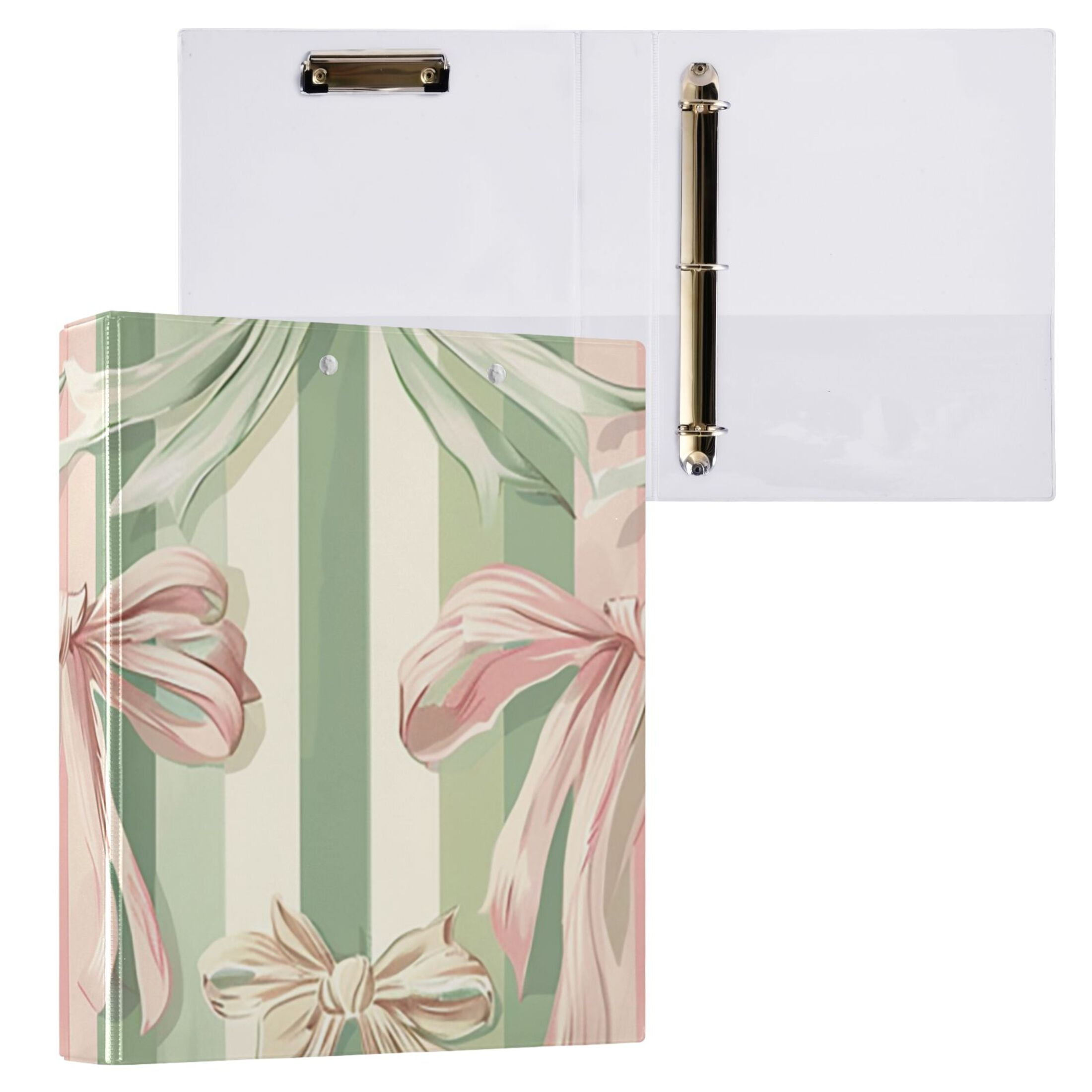 Pink Green Ribbons Stripe 3 Ring Binders 1.5 inch Hardcover File Folders with Interior Pockets A4 Size Organizer for School Office Hospital Set of 2