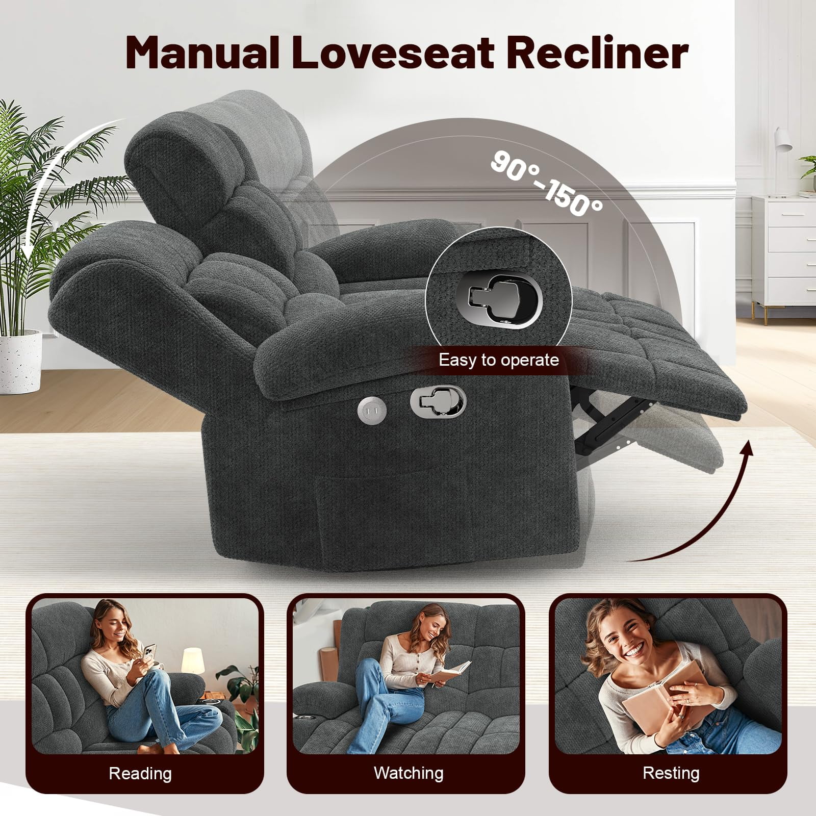 Loberfve Loveseat Recliner Sofa, Fabric Manual Pull Tab Double Reclining with USB Charge Ports, Cup Holders, Recliner 2 Seater Couches for Living Room, RV, Gray