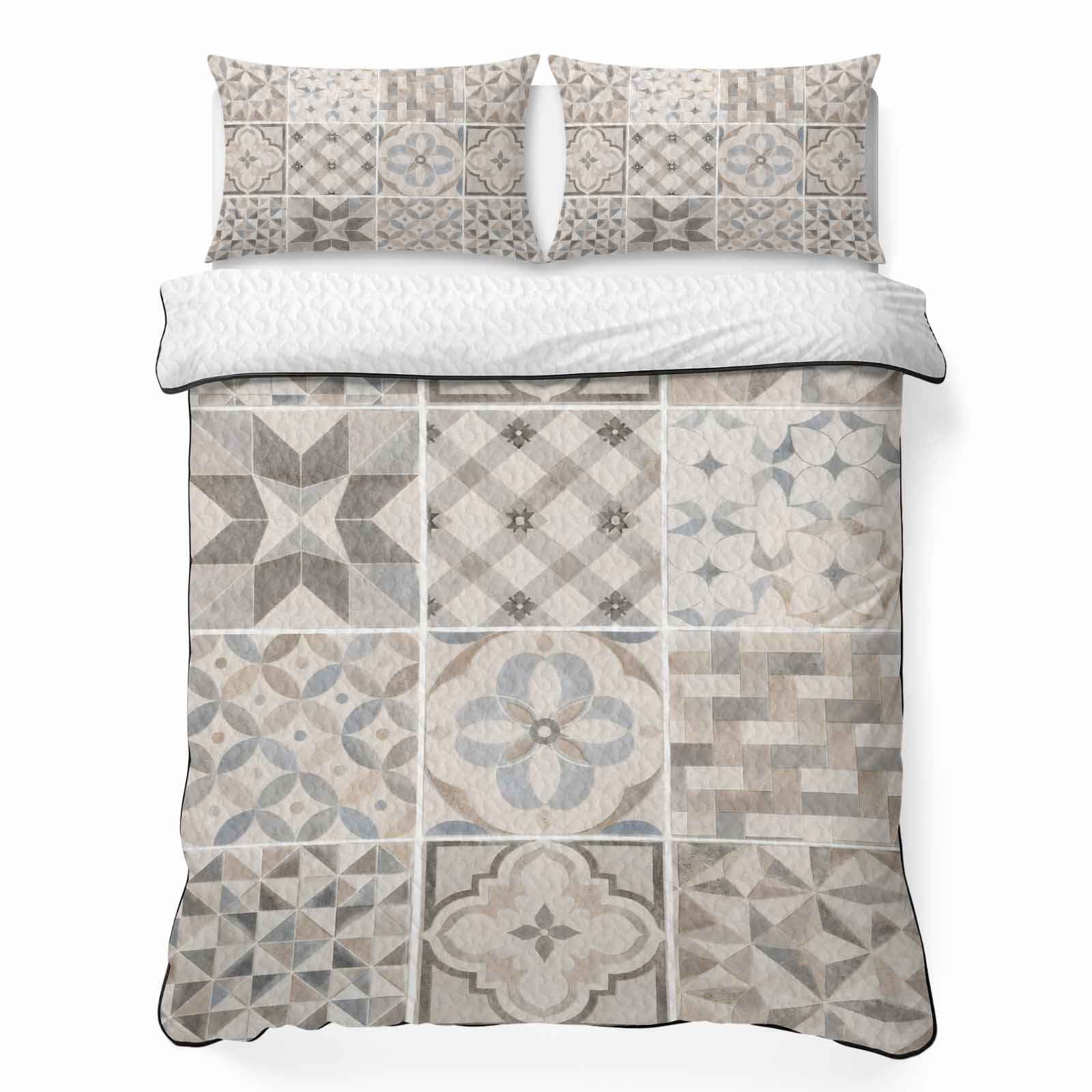 Quilts King Size Bedding Set Boho Patchwork Lightweight Quilted Comforter Modern Moroccan Abstract Geometric Plaid Soft Reversible Bedspread Coverlet with Pillow Covers for All Season 96 x 106