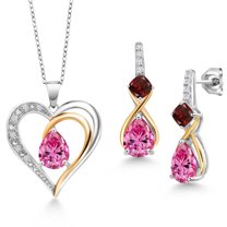 Gem Stone King 925 Sterling Silver and 10K Yellow Gold Pink Moissanite Red Garnet and White Lab Grown Diamond Pendant Necklace Earrings Set for Women (4.28 Cttw, with 18 inch Chain)