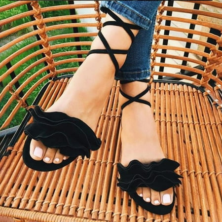 

Dpityserensio Women Solid Color Ruffles Round Toe Flat Heel Cross Tied Sandals Roman Shoes Summer Sandals for Women Dressy Black 5.5(36)