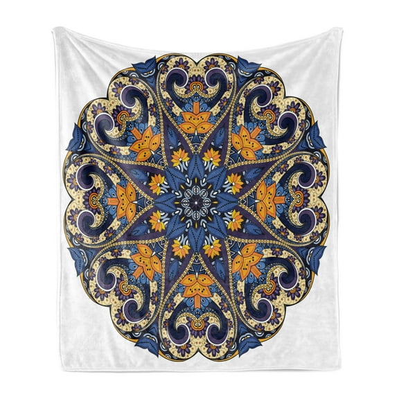 Mandala Soft Flannel Fleece Throw Blanket, Floral Motif Vibrant Colors Inner Balance Pattern Style, Cozy Plush for Indoor and Outdoor Use, 50" x 70", Blue Orange Purple, by Ambesonne
