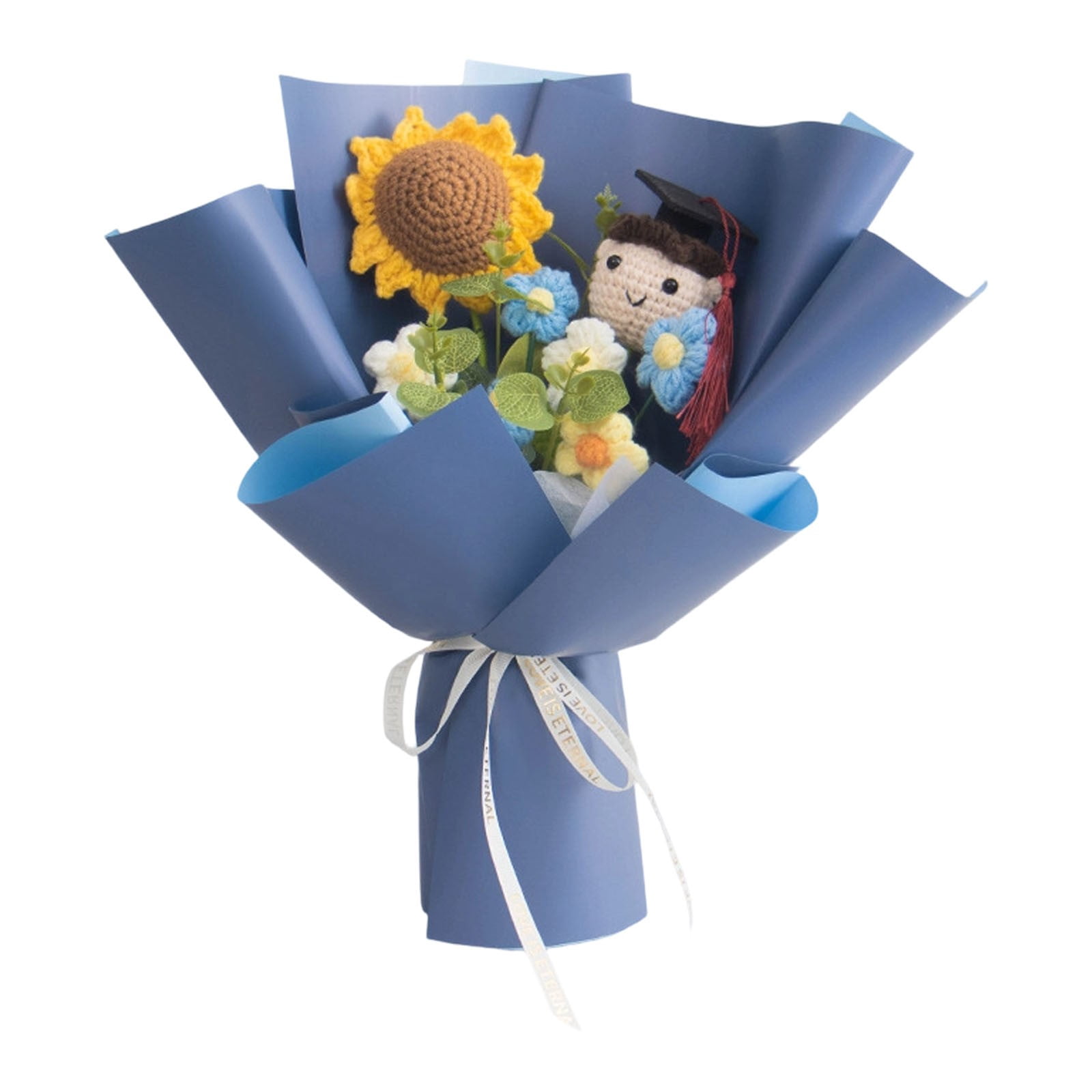 Graduation Crochet Flowers Bouquet, Handmade Knitted Grad Gift, Artificial Preserved Flowers, Teacher Appreciation Home Decor, Sunflower Rose Bouquet, Birthday Anniversary Gift