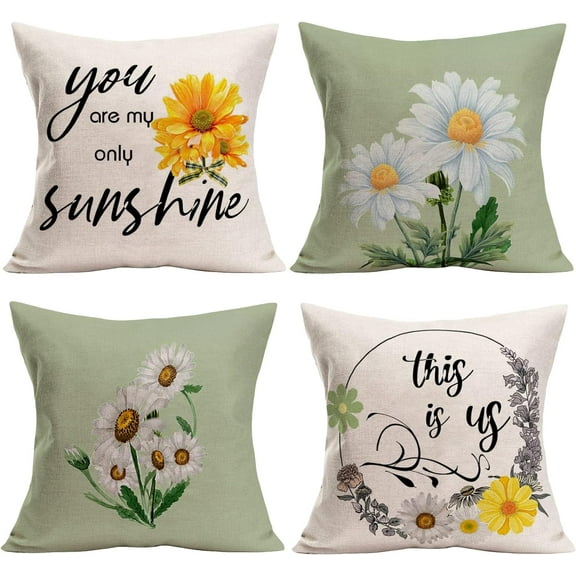 Rustic Flower Farmhouse Pillow Covers Yellow and White Daisy Decorative Modern Pillows Cover 16x16 Inch Set of 4 Square Spring Summer Floral Cushion Cover Pillow Cases Decor Sofa(T-Daisy)