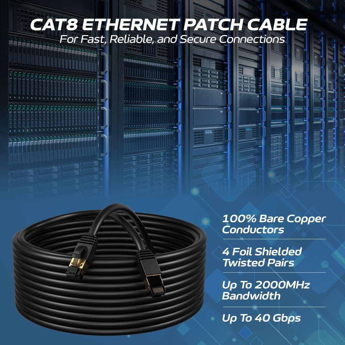 30-Pack 10FT Cat8 Ethernet Cable Black Copper Shielded RJ45 Patch Cord for Router, PC, Gaming, Servers, PoE Security Cameras, Smart TVs, 40Gbps High-Speed Network Wire