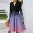 thumbnail image 4 of WTOBBY Women's Fashion Casual V-Neck Long Sleeve Waist Gradient Print Midi Dress Ombre Color Effect for Modern Look Flowy Silhouette with Tie Detail Perfect Transitional Dress,Dark Purple M, 4 of 5