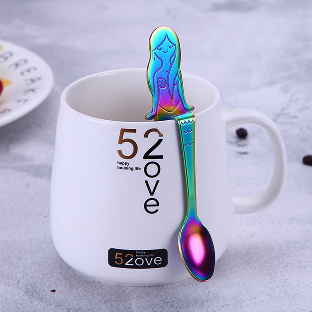Coffee Spoon Cocktail Stirring Spoons Colorful Tea Spoon Ice Cream Spoon Edtoy 1pcs Mermaid-shaped Stainless Steel Bending Mixing Spoon 