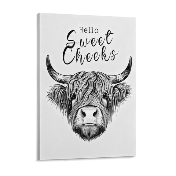 Funny Highland Cow Bathroom Canvas Wall Art Black and White Highland Cow Poster Prints Humor Animals Bathroom Painting Hello Sweet Cheeks Cow Picture Wall Decor for Washroom Bedroom