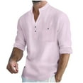 thumbnail image 3 of UVEASISHA Linen Henley Shirts for Men Roll Up Long Sleeve Button T-Shirt Stand Collar Casual Beach Shirt Solid Color Regular Fit Pullover Tops Pink L, 3 of 10
