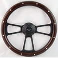 thumbnail image 1 of 53-54 Chevy - most models 14" Stained Mahogany with Rivets Aluminum Wood Billet Black Steering Wheel Set Adapter & Horn, 1 of 1