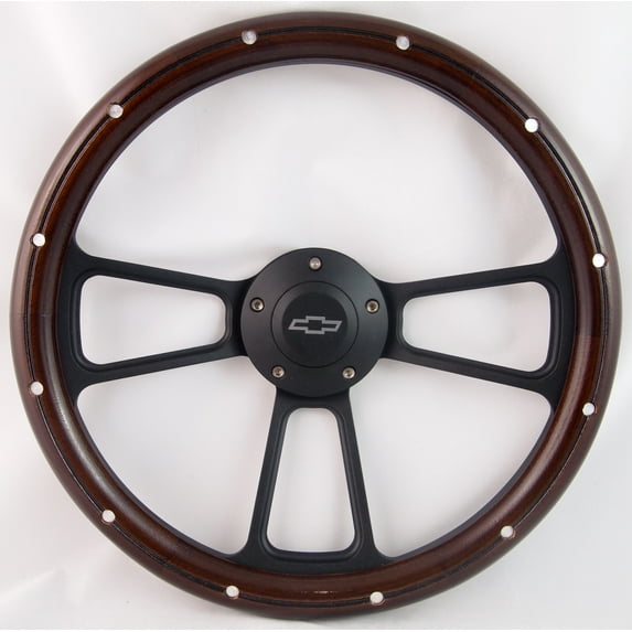 53-54 Chevy - most models 14" Stained Mahogany with Rivets Aluminum Wood Billet Black Steering Wheel Set Adapter & Horn