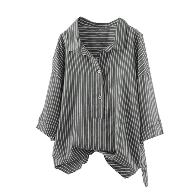 Camisa a rayas Honeeladyy de algodón y lino con botones de media manga para mujer, blusa informal estilo boyfriend clásica, tallas S-2XL. Liquidación: menos de 5 $.