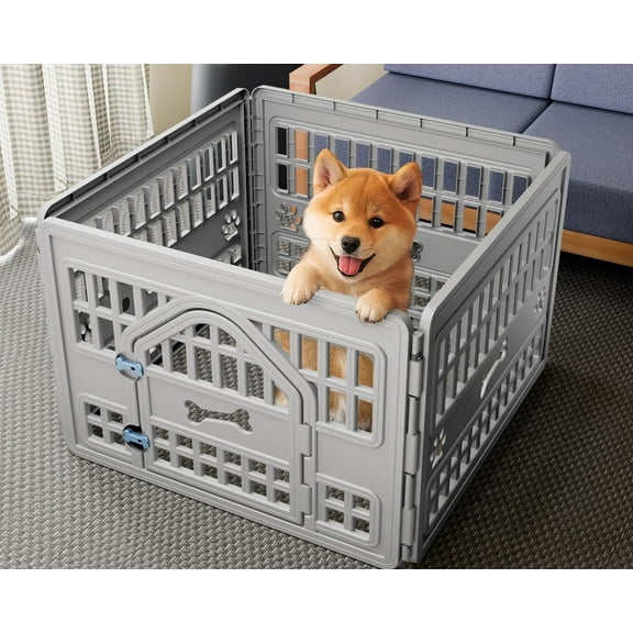 Pet Playpen with Gate for Dogs & Cats - Indoor/Outdoor Safe Enclosure, Easy to Clean - Gray (33.54*33.54*23.82 Inches, 4Panels)