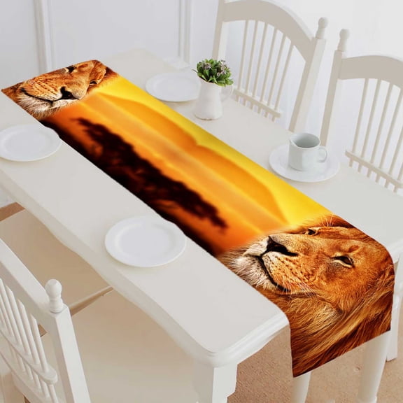 PKQWTM Lion Portrait Savanna Landscape Mount Sunset Cotton and Linen Table Runner Kitchen Dining Room Supplies Size 14x72 Inch