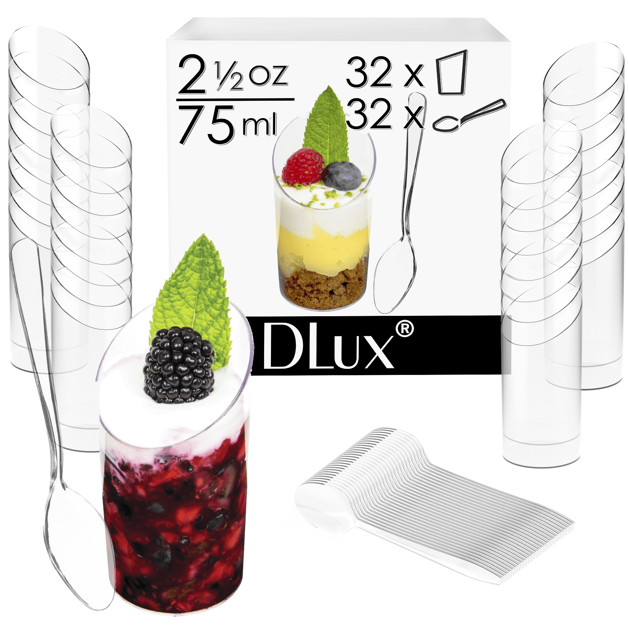 DLux 100 x 2 oz Mini Dessert Cups with Spoons, Square Short - Clear Pl