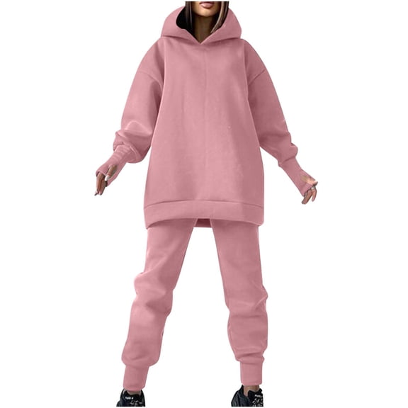 Lindreshi 2 Piece Sweat Suits for Women Women's and Winter Casual Plush Fashion Hooded Long Sleeve Leaky Finger Trousers Fleece Sweater Two-Piece Set