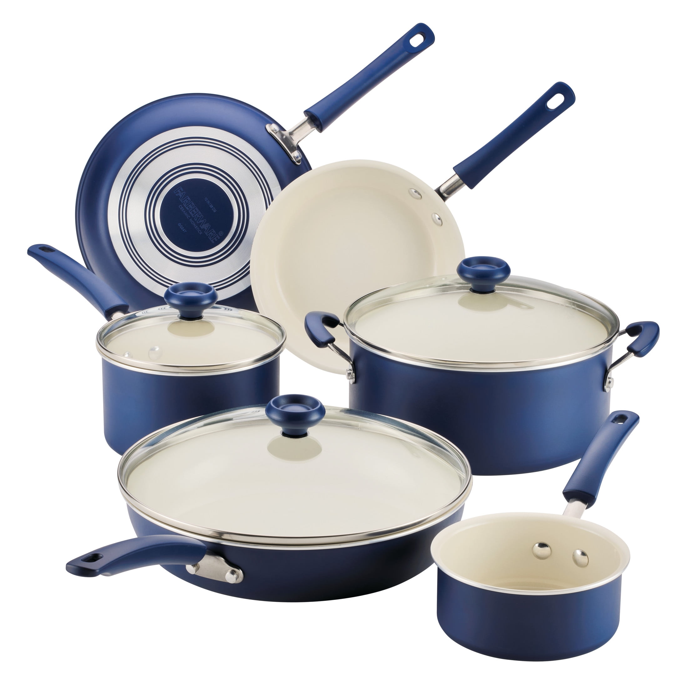 Farberware Easy Clean 14 Pcs Ceramic Nonstick Cookware Set with Cooking Tools, Dishwasher Safe, Blue