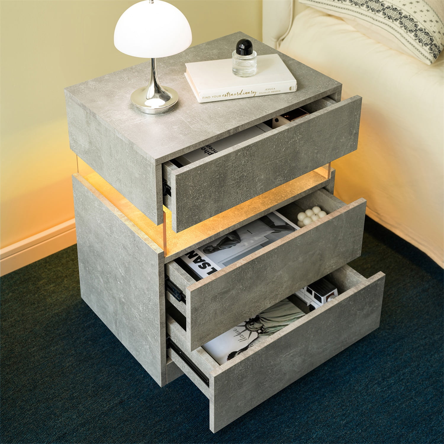 Hommoo 3 Drawer Dresser LED Nightstands, End Table Bedside Tables for Bedroom, Living Room, Gray