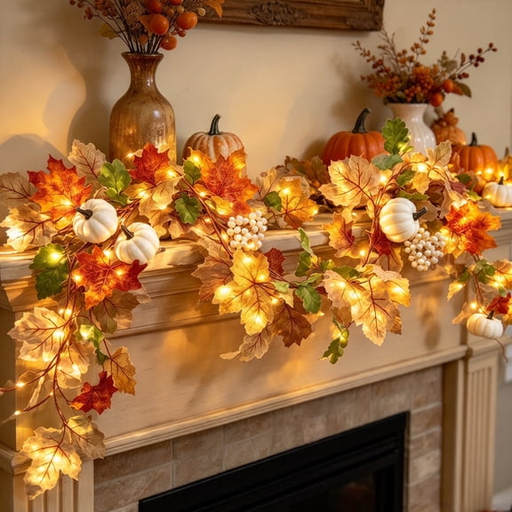 Lighted Fall Maple Pumpkin Garland 66.93IN, Artificial Autumn Foliage Vine with Pumpkin & Berries, Warm LED Harvest Garland for Halloween Thanksgiving Decorations