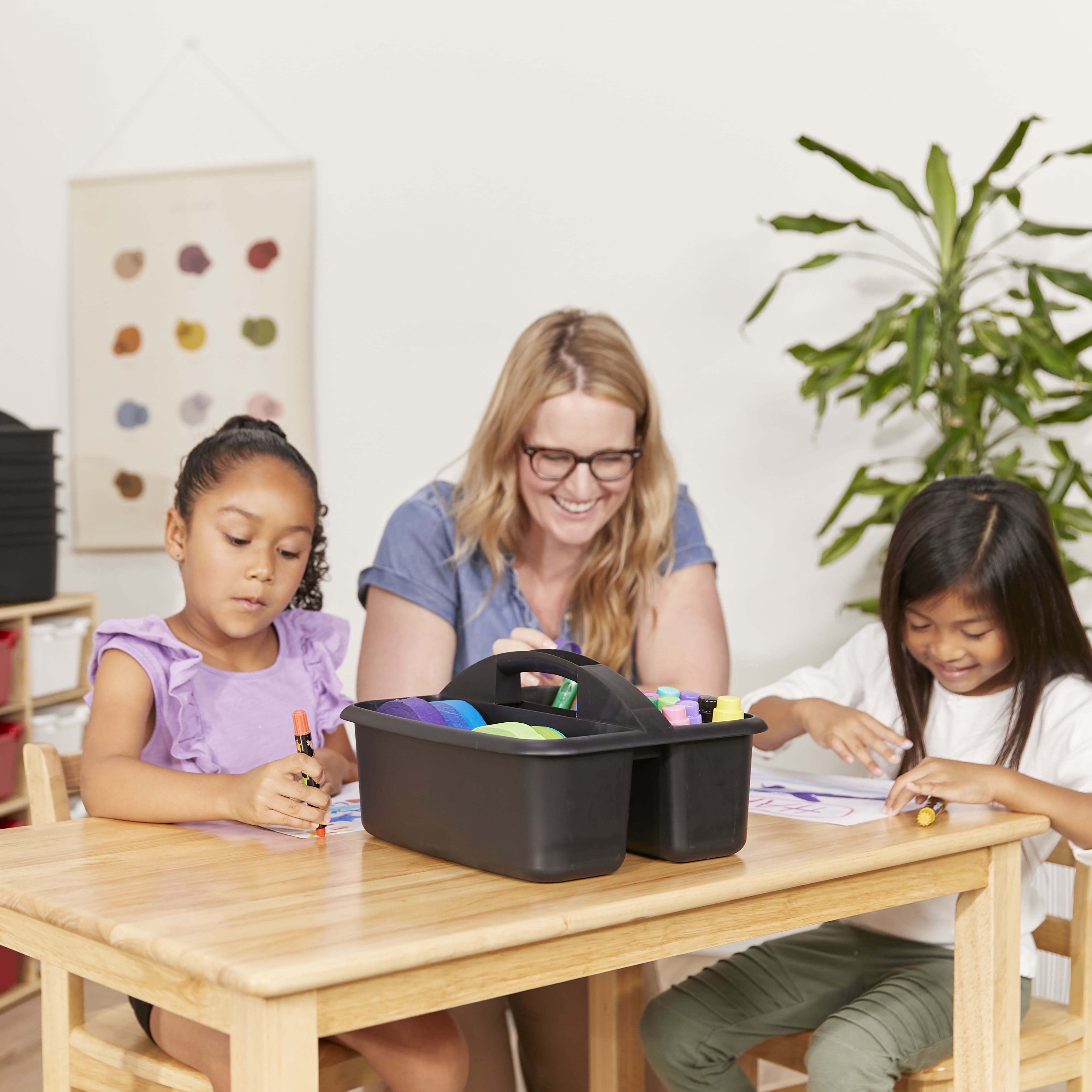 ECR4Kids 2-Compartment Large Plastic Caddy, Multipurpose Organization, Black, 6-Pack