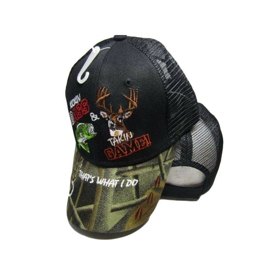 Kickin Bass Takin Game Hunting Camo Black Front Mesh Embroidered Cap CAP941 Hat