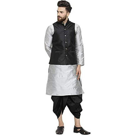Royal Kurta Men's Silk Blend Kurta Dhoti & Nehru Jacket Set (44, Silver -Black1)