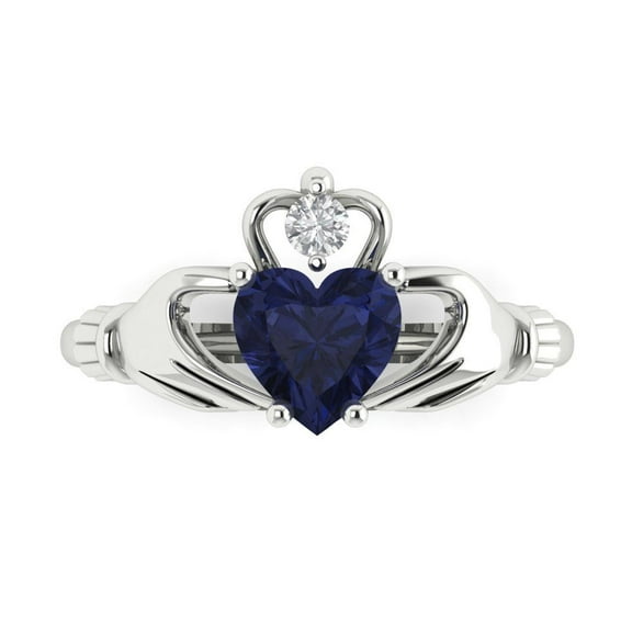 1.05 ctw Claddagh Anniversary Ring for Women | Heart Cut Simulated Blue Sapphire | Hyperallergenic Solid 14K White Gold