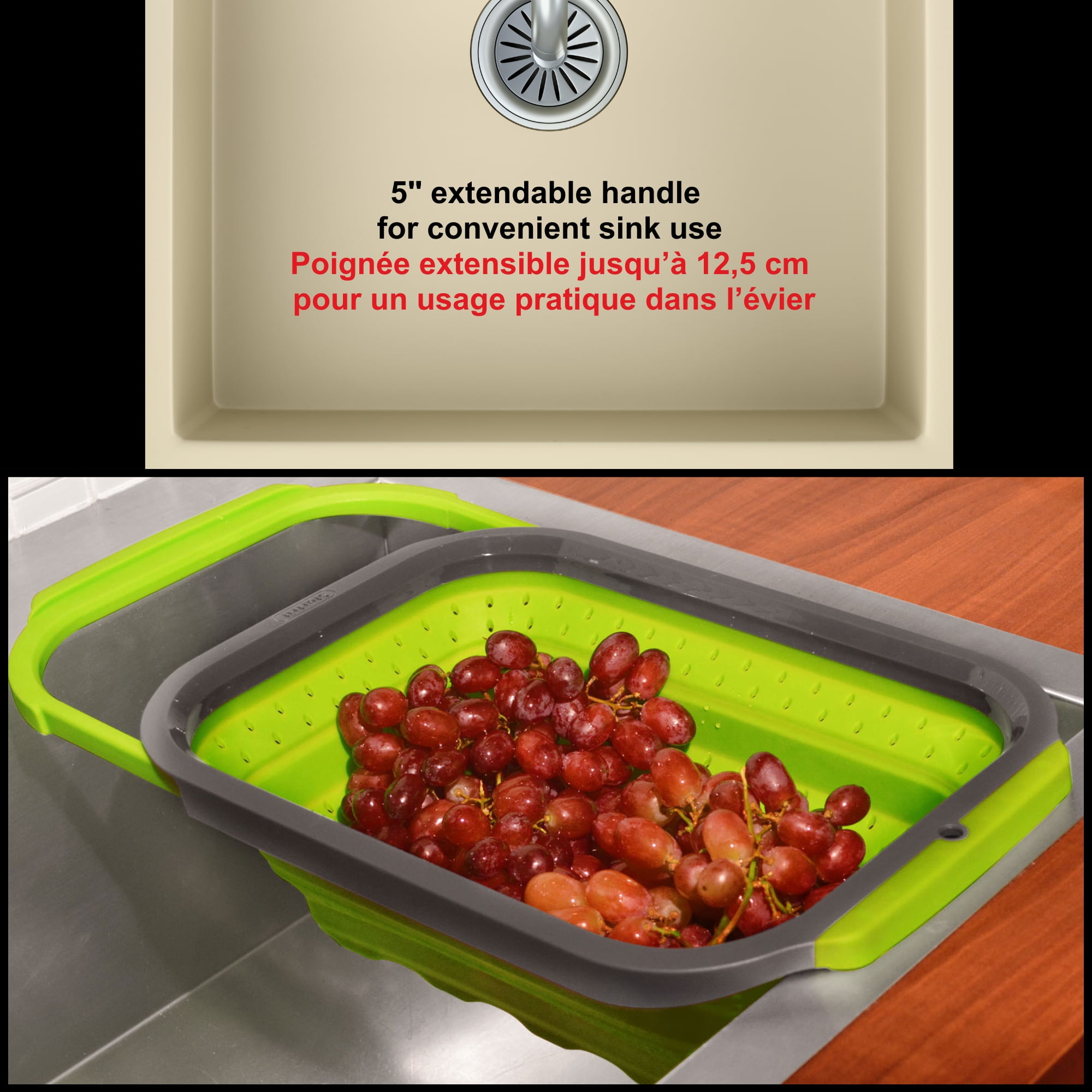 Starfrit Passoire Repliable et Extensible Sur Évier, 6 L, Économie D’Espace, Poignées Extensibles, S’adapte À La Plupart Des Éviers, Drainage Efficace, Rangement Compact, Va Au Lave-Vaisselle Cette passoire Starfrit de 6 L s'étend pour s'adapter à la plupart des éviers grâce à ses poignées télescopiques. Elle se replie à 1 po pour un rangement compact, résiste à la chaleur et offre un drainage rapide grâce à ses pieds surélevés et trous sur les côtés.