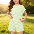 thumbnail image 2 of EnJoCho Girls 2 Piece Loung𝖾 Set Kids Striped Knit Short Sleeve T-Shirts Elastic Waist Shorts Casual Summer Clothing Sets Girls Vacation Outfits Short Sleeve Set, 2 of 4