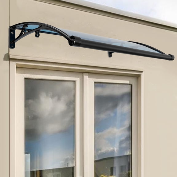 Upgraded Door Awning Canopy with Enlarged Gutters, Aluminum Alloy Frame & PC Panel – Waterproof, Snow Load Resistant, UV Protection, Wall-Mounted (Black & Lake Blue)