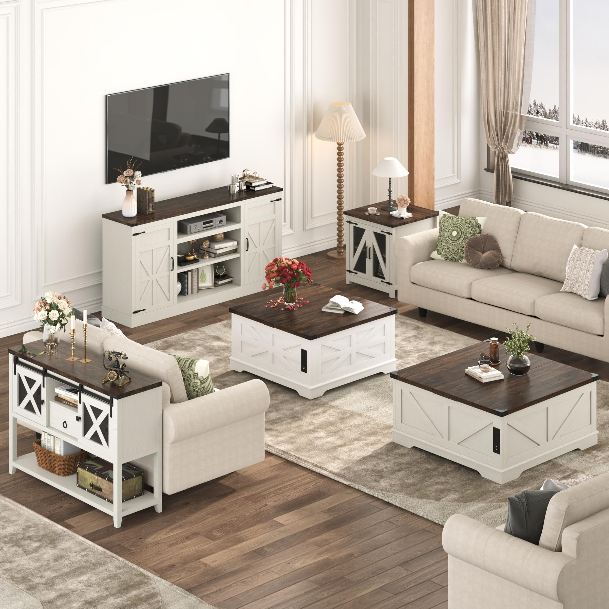 ChVans 40" Large Farmhouse Lift Top Coffee Table with Power Outlets, Square Wood Living Room Table with Large Hidden Storage, Multi-Function Lift Wooden Barn Door Center Table, Rustic White