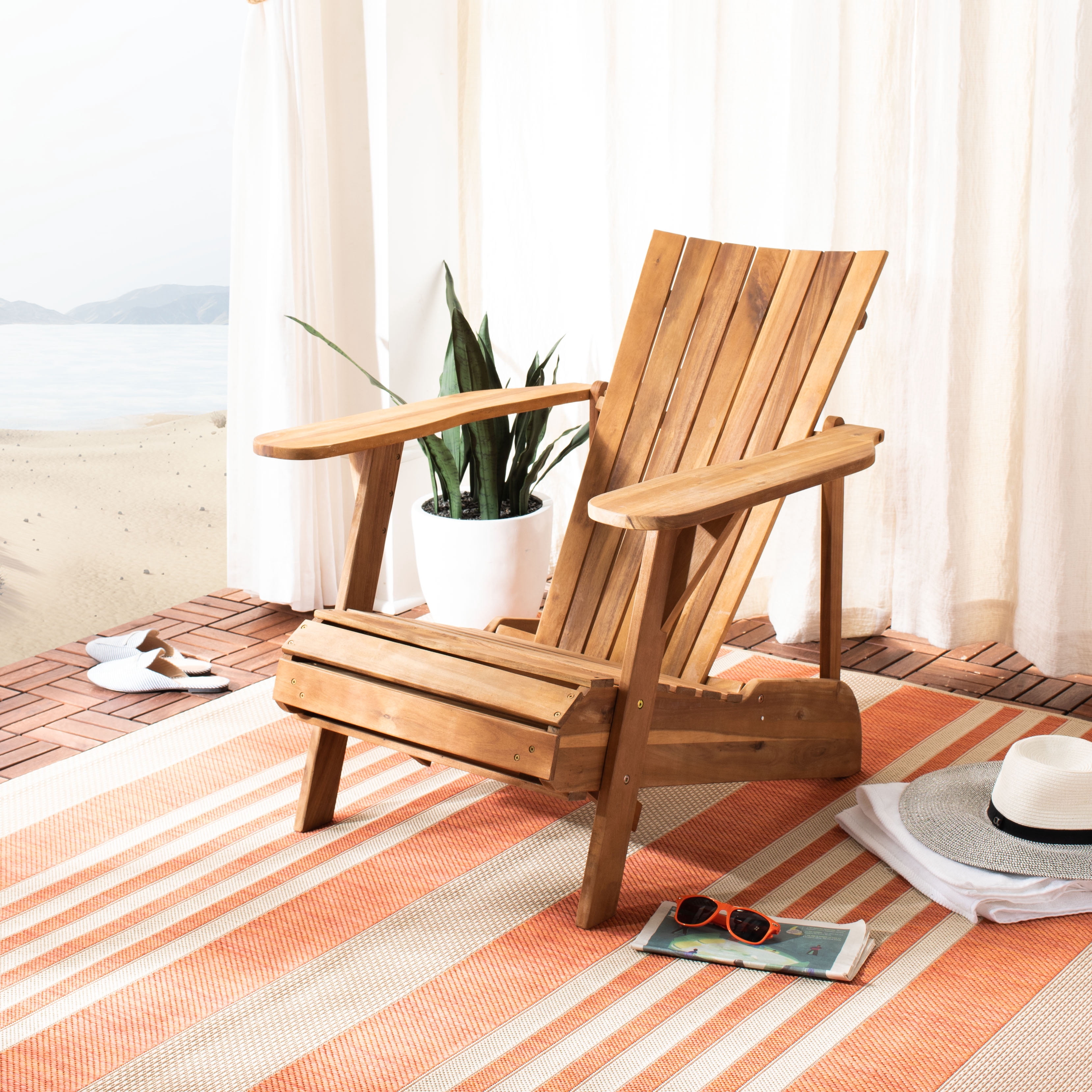 Safavieh Merlin Acacia Wood Adirondack Chair w/ Retractable Footrest in Natural