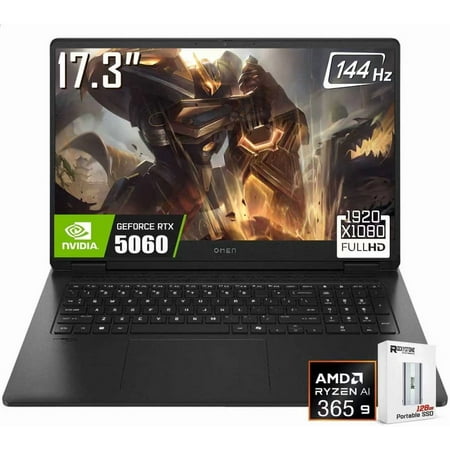HP OMEN 17 Gaming Laptop, 17.3" 1920 x 1080 144Hz FHD Display, AMD Ryzen AI 9 365, GeForce RTX 5060, RGB Backlit KB, 1080p Webcam, 128GB Portable SSD, Windows 11 Home(32GB DDR5 RAM / 1TB SSD)