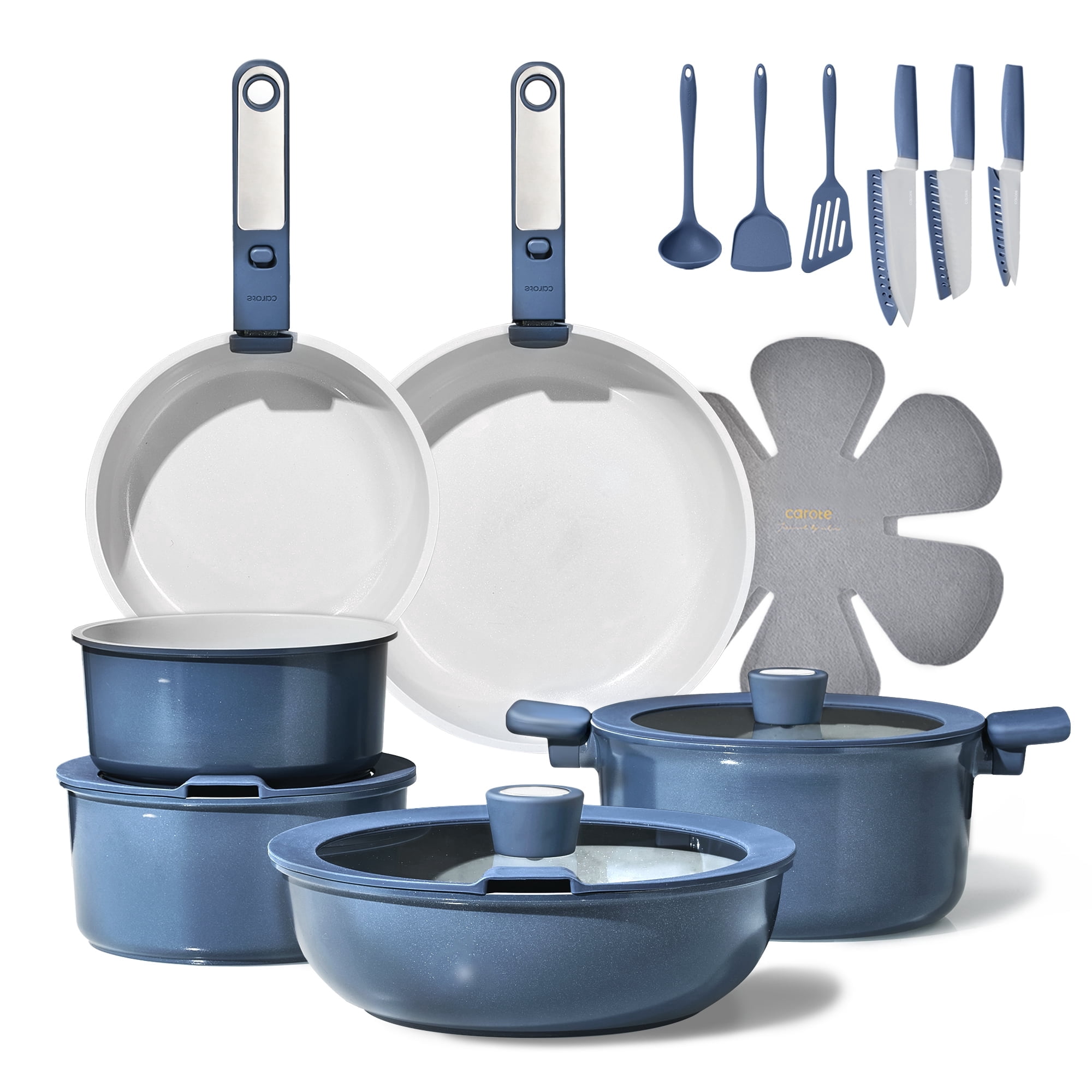 Carote 19 Pcs Nonstick Cookware Set, Non Stick Pots and Pans with Detachable Handles, Oven Safe, Induction Cookware, Stackable Kitchen Set, Blue