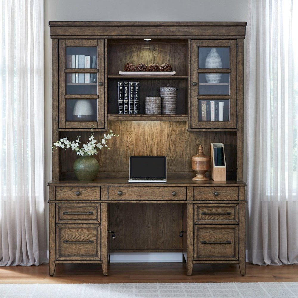 Liberty Furniture 5 Piece Jr Executive Set with Desk, Credenza & Hutch- Amber Brown Oak Wood