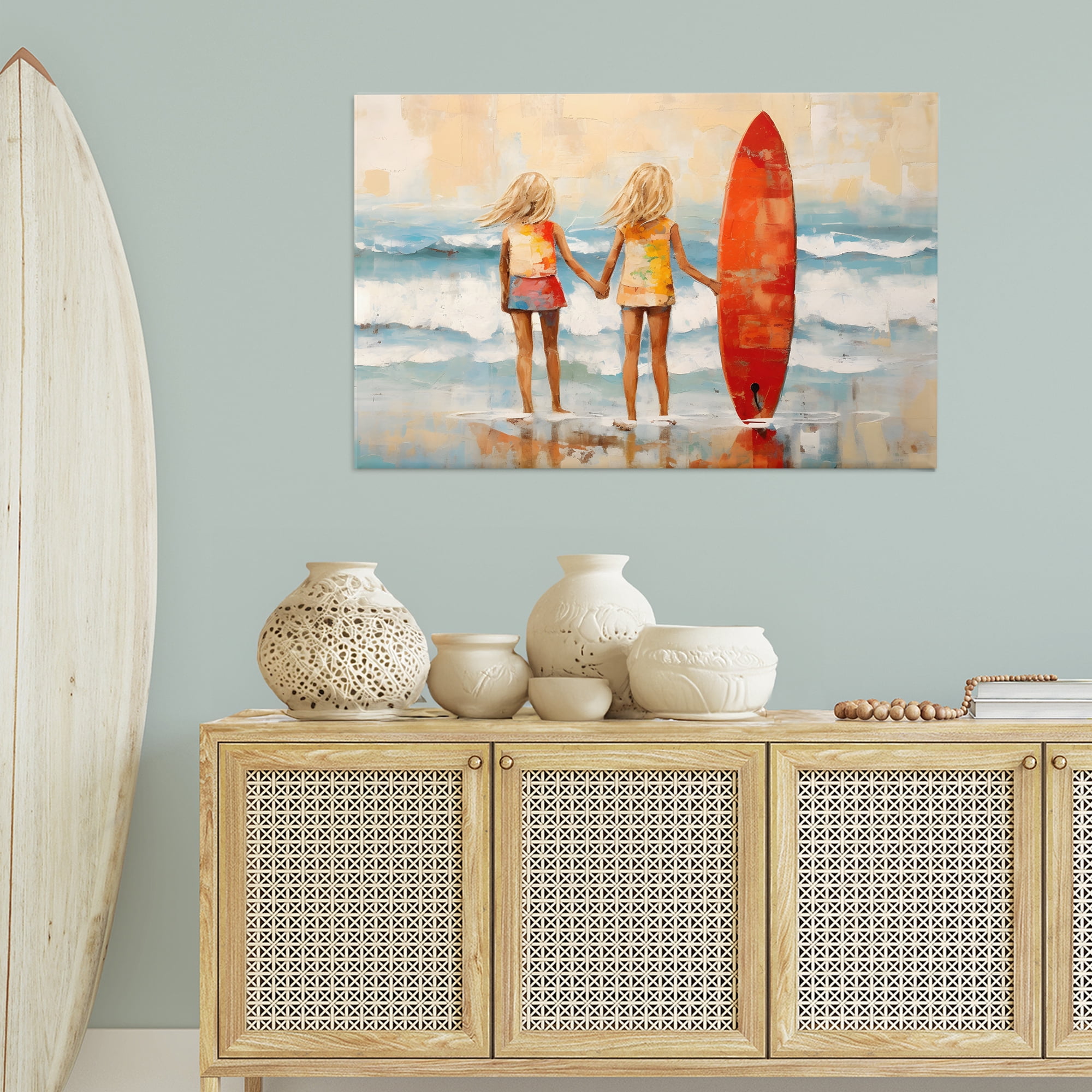 Stupell Industries Kids & Beach Surfboard People Painting Wrapped Canvas Art Print Wall Art, 45 x 30