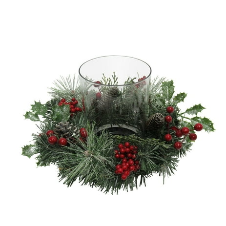 Mainstays Holiday Hurricane Candle Holder with Faux Greenery and Berries, 9.4" x 9.4" x 9"