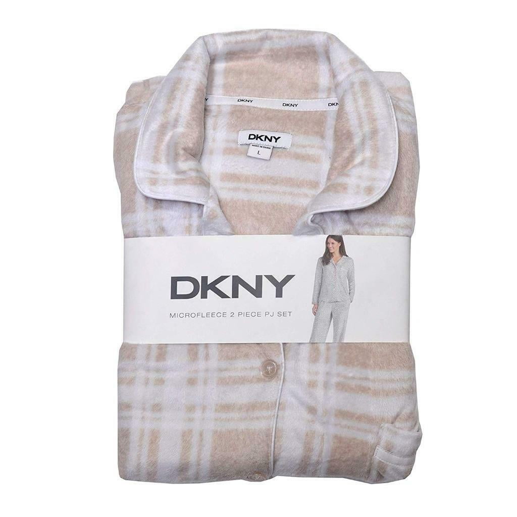 DKNY New DKNY 2Pc Micro Fleece Pajama Set PJ Beige White Plaid Size