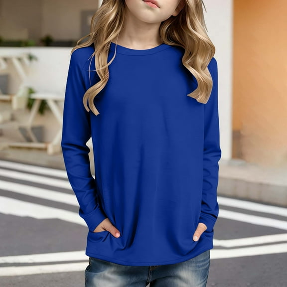 Girls T Shirt Blue Girls Long Sleeve T Shirts with Pockets Girls Casual Crewneck Basic Tees Fall Clothes Size 9-10 Years Girls Shirts