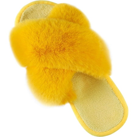 

QWZNDZGR Fuzzy House Slippers for Women Cross Band Fluffy Bedroom Slippers with Arch Support