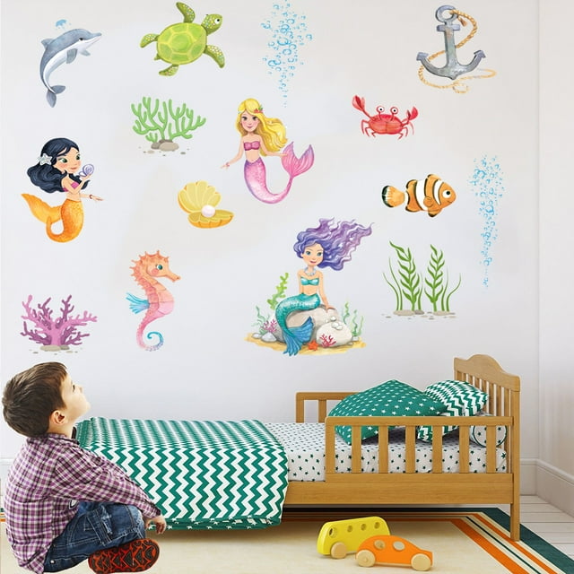 Adhesivo de pared TUNC con patrón de sirenas de animales marinos decoración para sala de estar dormitorio Sencillez