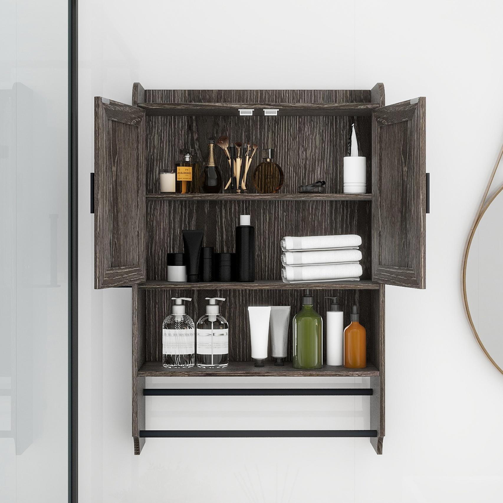 Bathroom Wall Storage Cabinets with Door and Open Shelves,Medicine Cabinet,Steel Pipe Rack for Hanging Towels and Kitchen Utensils for Bathroom,Grey
