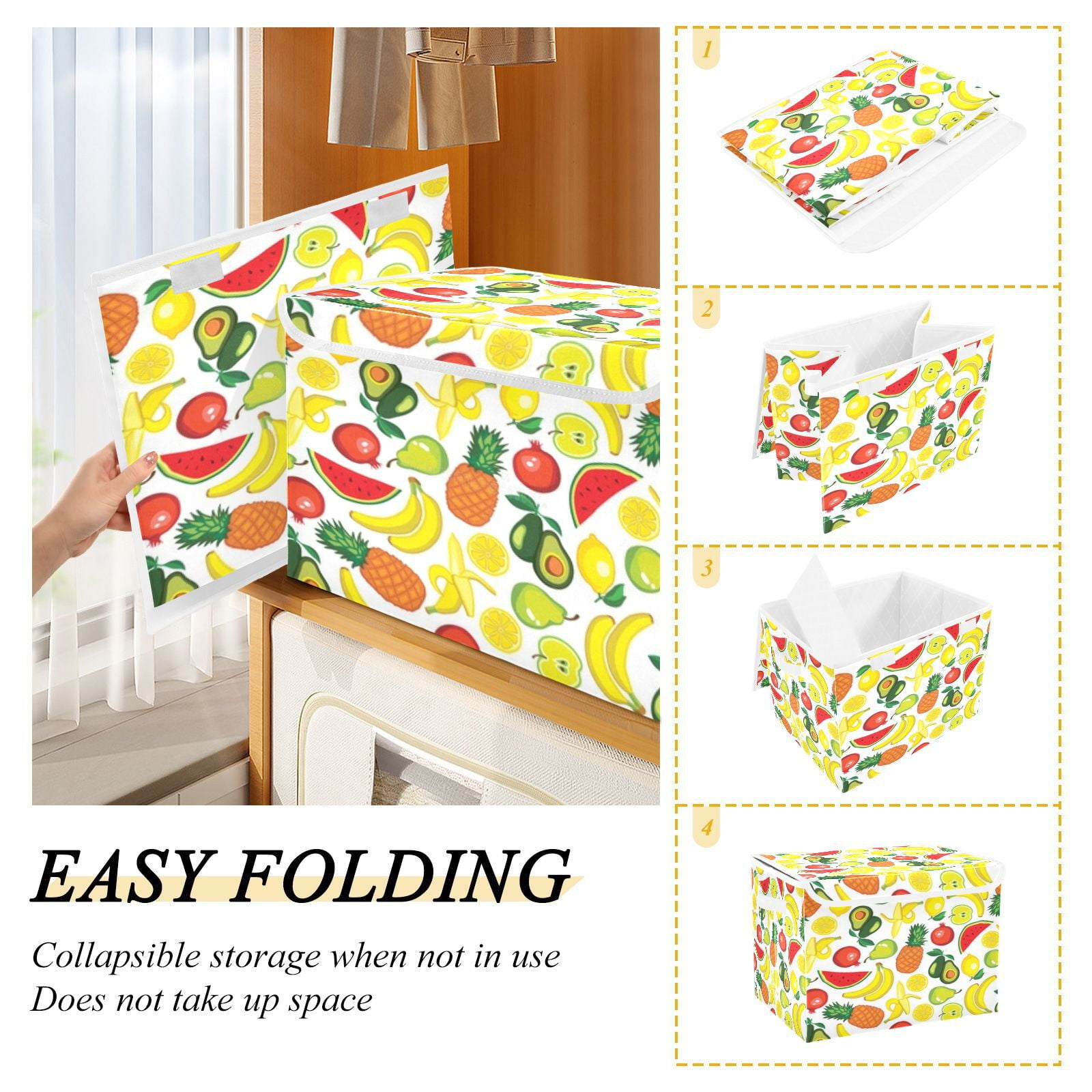 Colorful vibrant fruit pattern Foldable Kids Toy Chest with Flip-Top Lid, Collapsible Fabric Toy Storage Organizer/Bin/Box/Basket/Trunk for Toddler