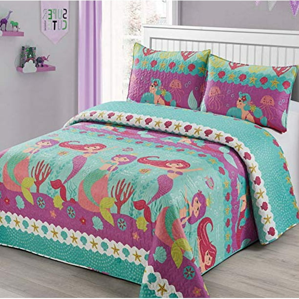 2 pc Twin Size Quilt Bedspread Kids/Teens Mermaid Dolphin ...