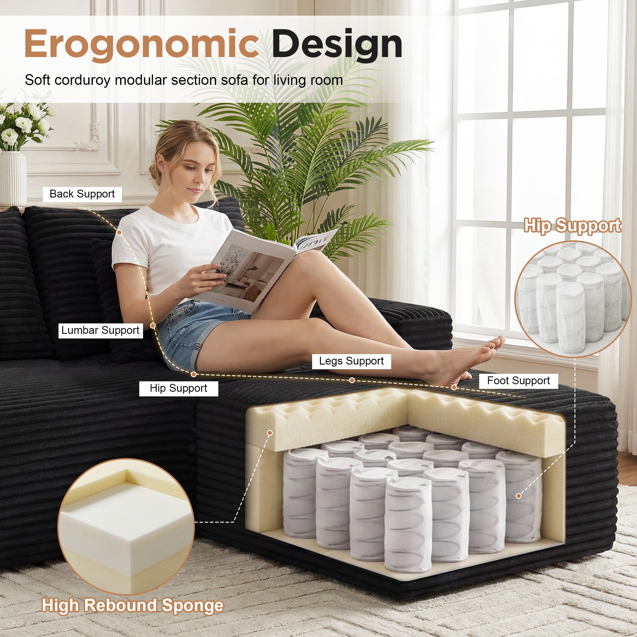 Aenkyo 115" Corduroy U-Shaped Modular Sectional Sofa with 2 Ottomans, 4-Seater, Black