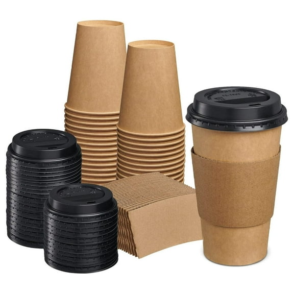[Case of 300] 12 oz. Disposable Coffee Cups with Black Lids and Sleeves - To Go Paper Hot Cups for Travel and Office Use